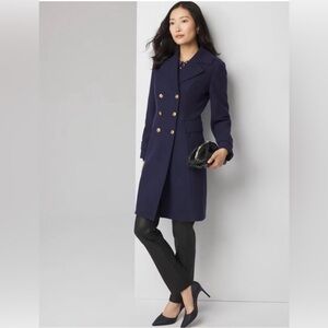 White House Black Market Double Breasted Deep Blue Trench Coat w/Gold Buttons